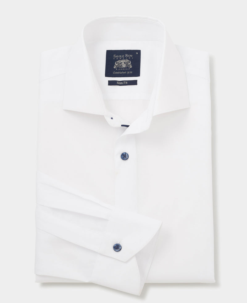 White Slim Fit Contrast Button Smart-Casual Shirt - Single Cuff