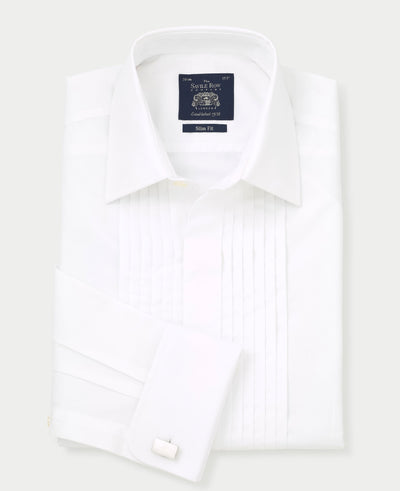 Men's White Pleated Slim Fit Evening Formal Shirt With Double Cuffs