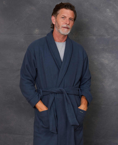 Navy Cotton Waffle Dressing Gown With Fleece Lining