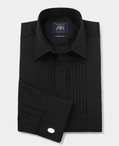 Black Pleated Fly Front Classic Fit Dress Shirt - Double Cuff