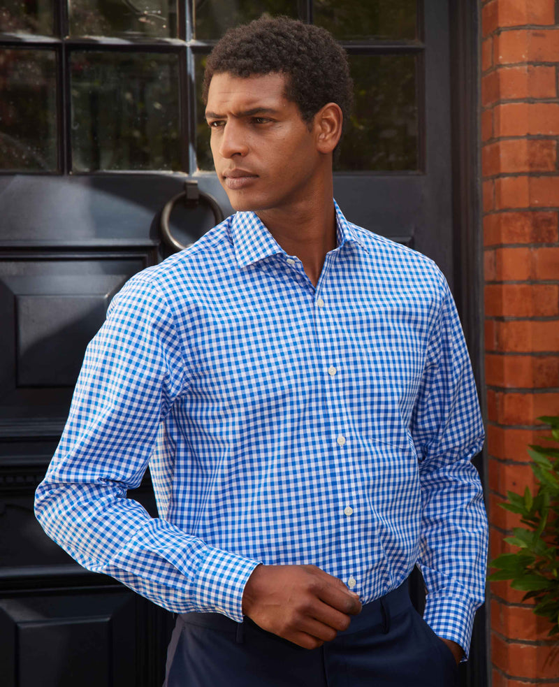 Men's Blue Classic Fit Gingham Check Formal Shirt With Single Cuffs