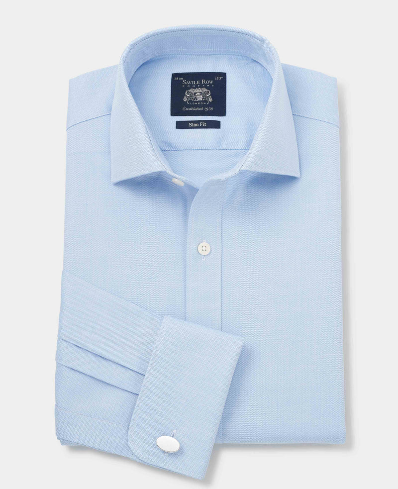 Blue Cotton Herringbone Slim Fit Formal Shirt - Double Cuff