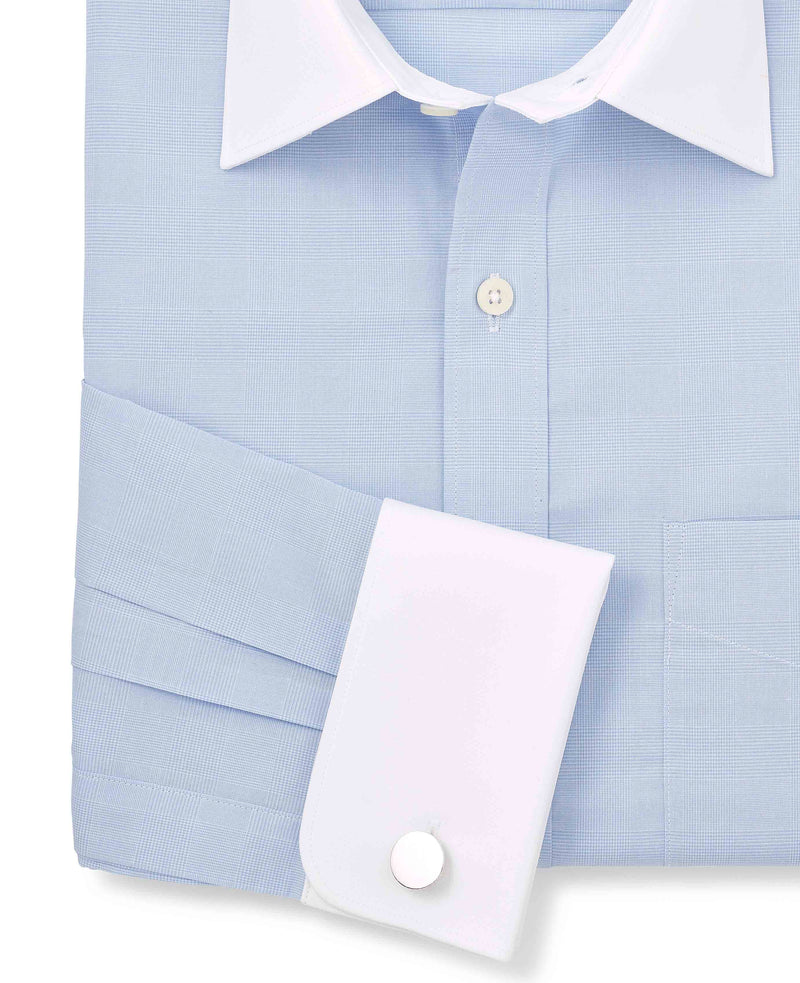 Blue Cotton Prince of Wales Check Classic Fit Winchester Formal Shirt - Double Cuff