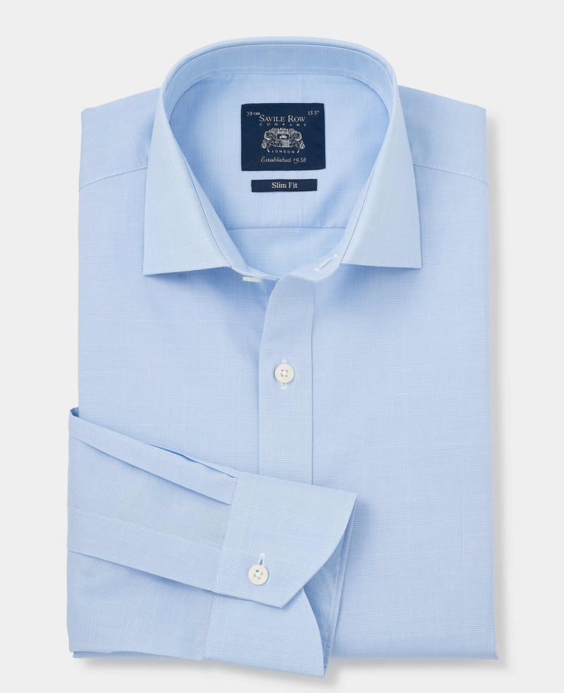 Blue Cotton Prince of Wales Check Slim Fit Formal Shirt - Single Cuff