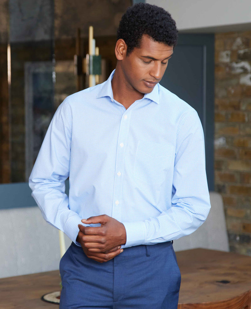 Blue Poplin Classic Fit Gingham Formal Shirt - Single Cuff