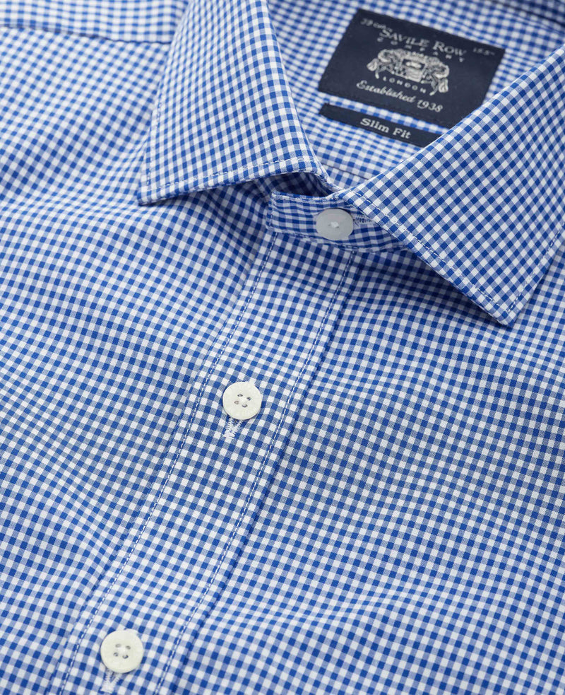 Blue Poplin Slim Fit Gingham Formal Shirt - Single Cuff