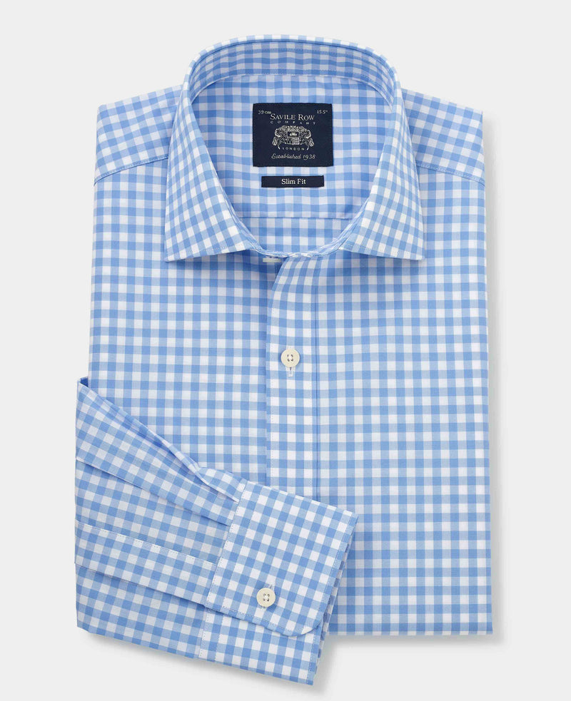 Blue White Check Slim Fit Shirt - Single Cuff