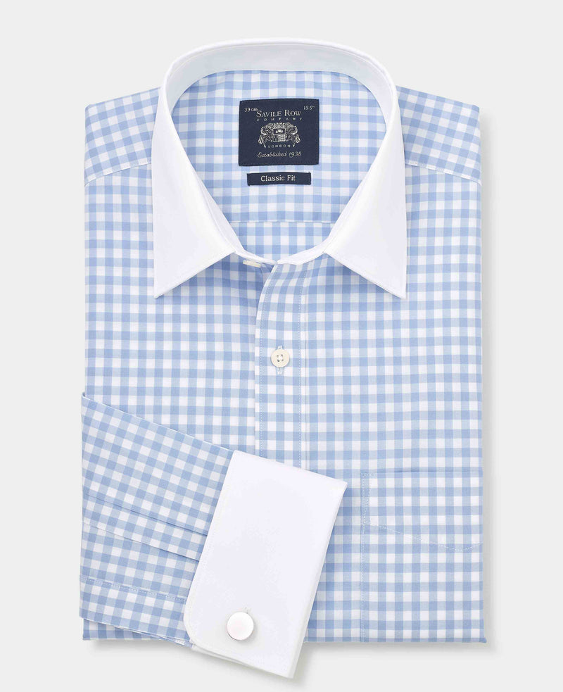 Blue White Cotton Gingham Check Classic Fit Winchester Formal Shirt - Double Cuff