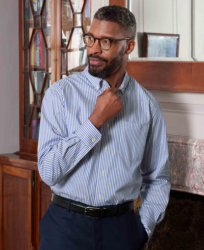Blue White Stretch Cotton Twill Classic Fit Button-Down Striped Casual Shirt