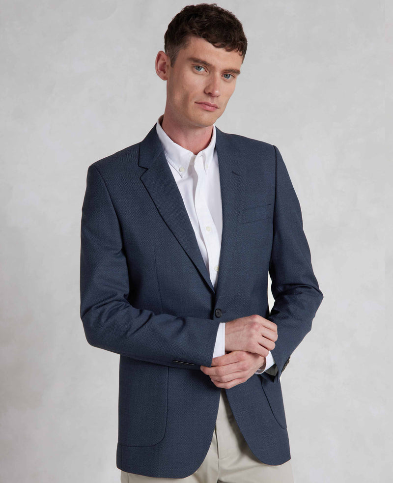 Blue Wool-Blend Micro Pattern Patch Pocket Jacket