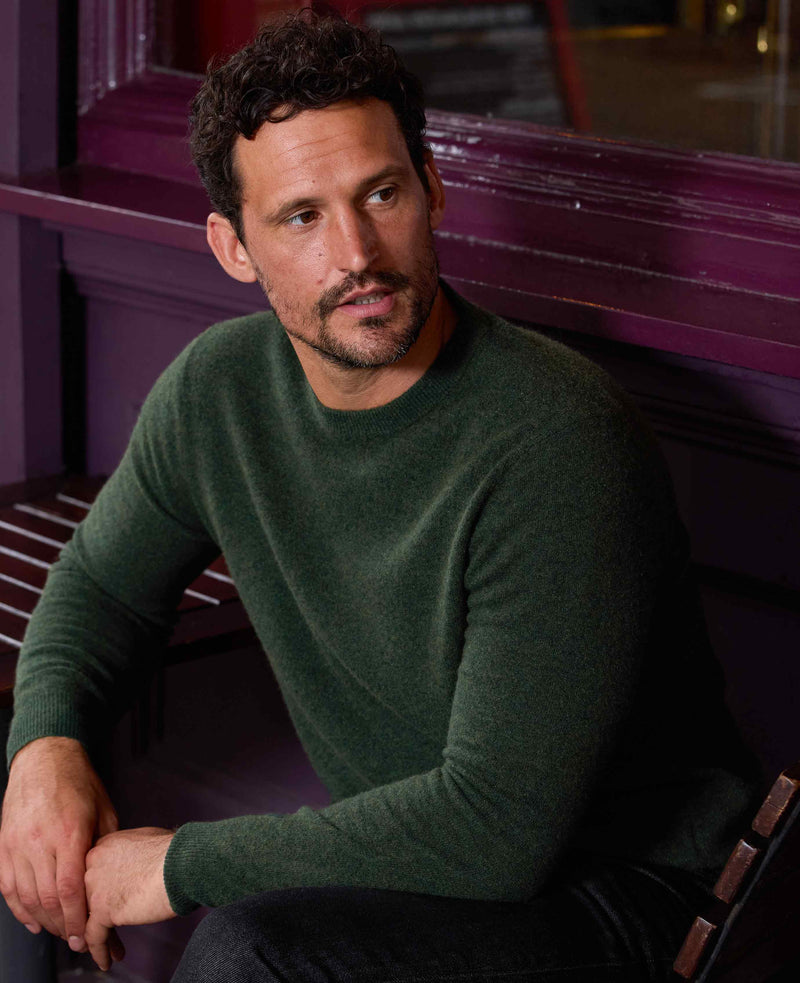 Dark Green Merino Wool Cashmere Crew Neck Jumper