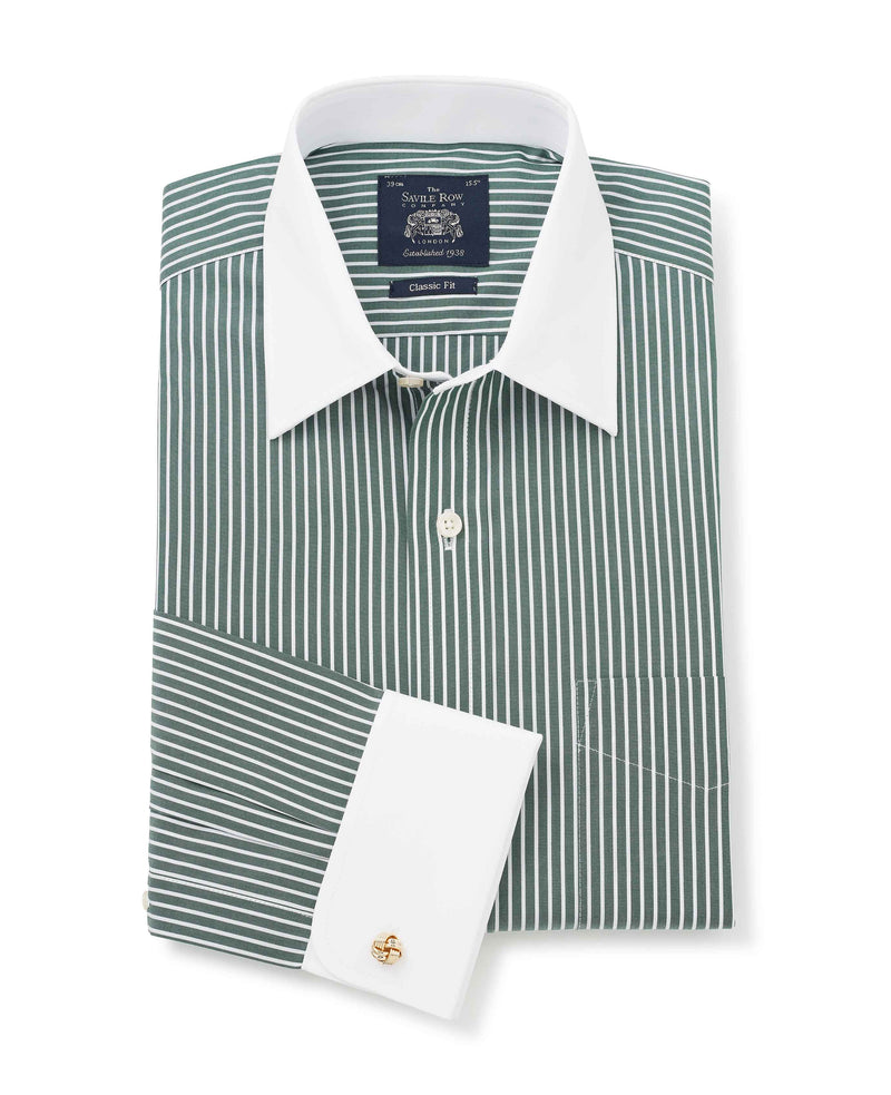 Men's Green Stripe Classic Fit Shirt With White Collar & Cuffs