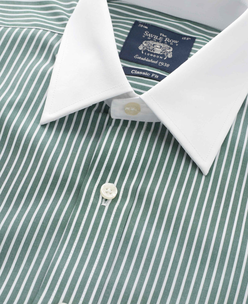 Dark Green Reverse Stripe Classic Fit Shirt With White Collar & Cuffs - Collar Detail - 1364GRW