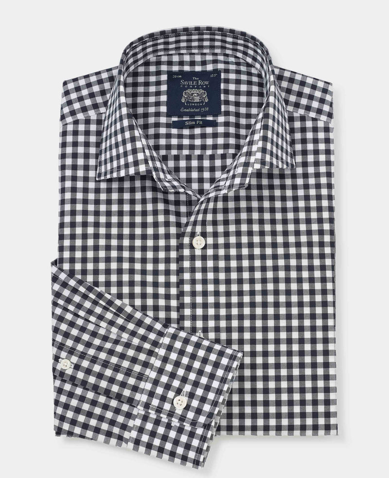 Men's Dark Navy Gingham Check Slim Fit Formal Shirt With Single Cuffs