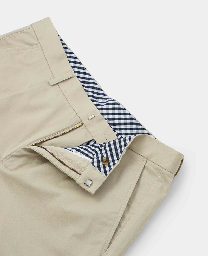 Beige Stretch Cotton Classic Fit Pleated Chinos