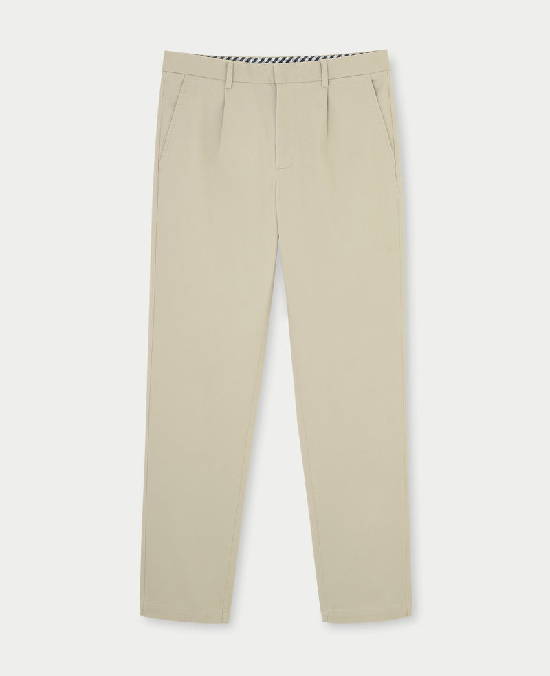 Beige Stretch Cotton Classic Fit Pleated Chinos