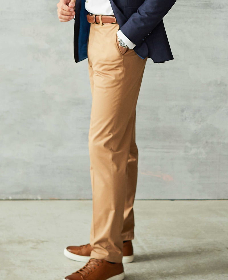 Tan Stretch Cotton Classic Fit Flat Front Chinos