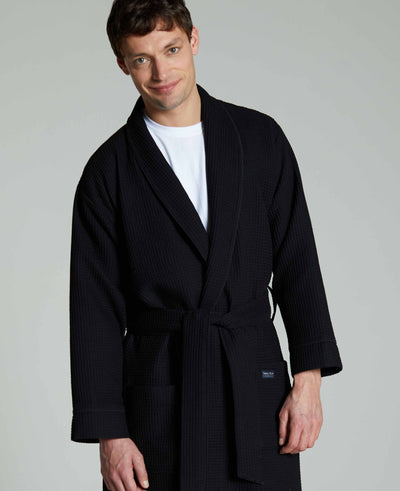 Men's Black Cotton Waffle Dressing Gown