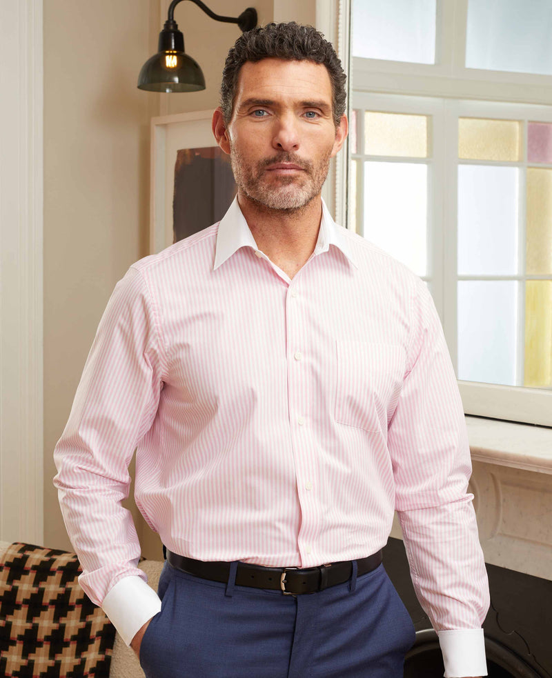 Pink Stripe Classic Fit Contrast Collar Formal Shirt With White Collar & Double Cuffs