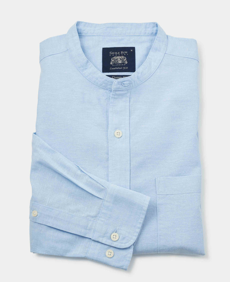 Light Blue Linen Cotton Grandad Collar Shirt