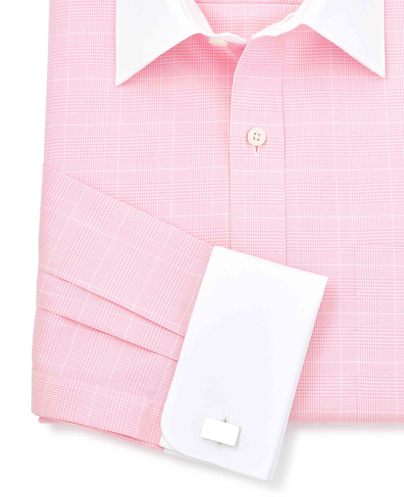 Pink Prince of Wales Check Classic Fit Contrast Collar Formal Shirt With White Collar & Cuffs