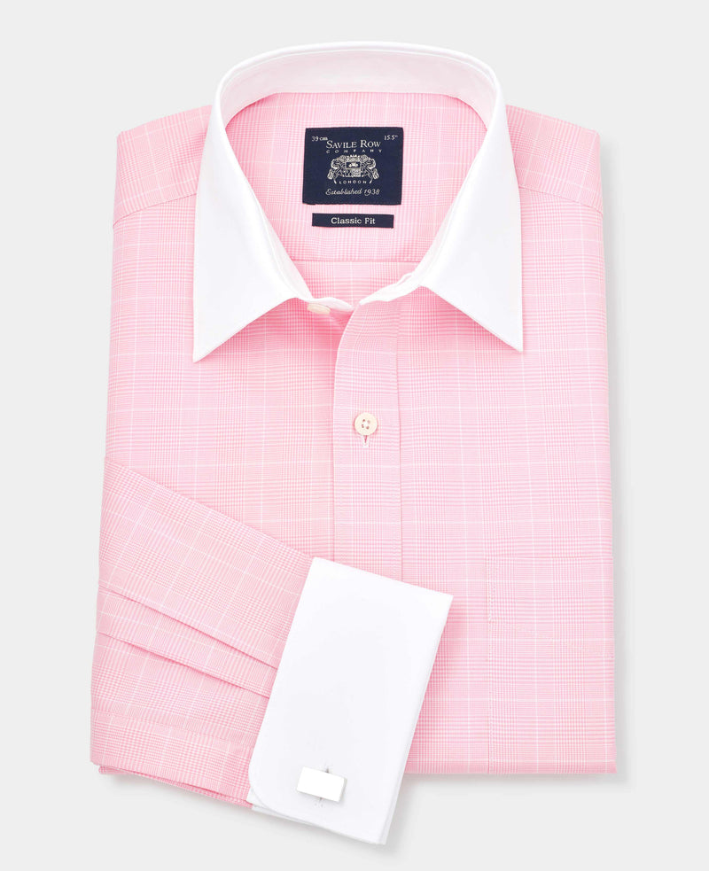 Pink Prince of Wales Check Classic Fit Contrast Collar Formal Shirt With White Collar & Cuffs