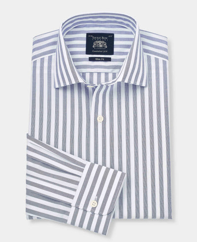 Navy White Slim Fit Striped Formal Shirt - Single Cuff