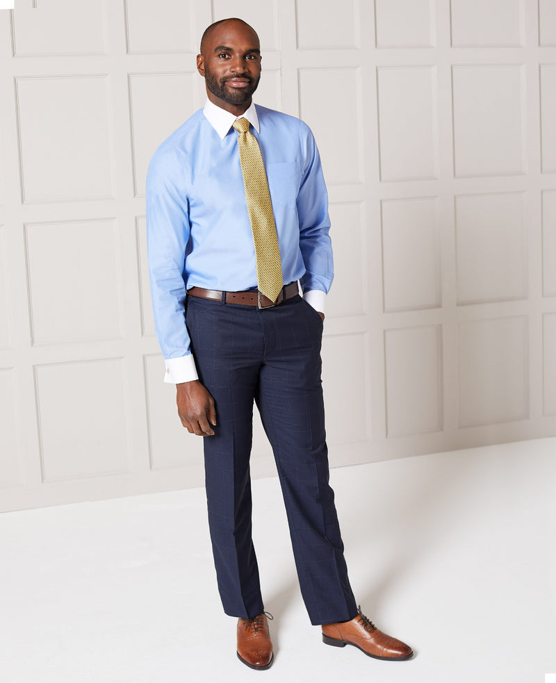 Navy Fine Windowpane Check Tailored Suit Trousers