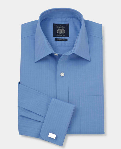 Mid Blue Herringbone Classic Fit Formal Shirt - Double Cuff