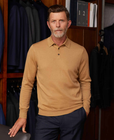 Men's Merino Wool Knitted Polo Shirt In Tan