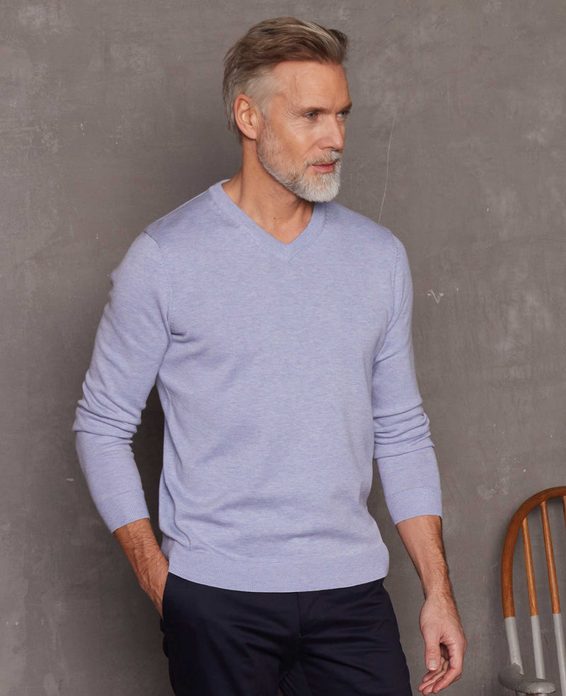 Light Blue Cotton-Blend V-Neck Jumper