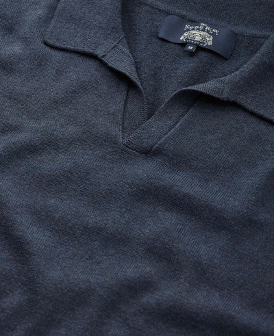 Washed Navy Cotton-Blend Open Collar Knit Polo