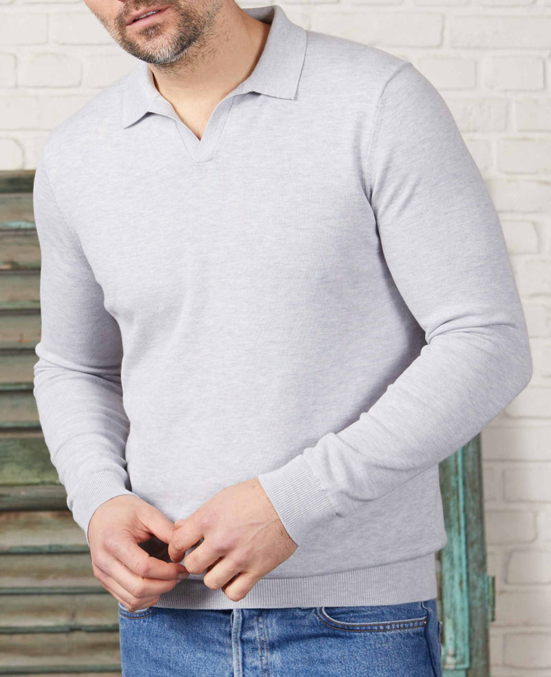 Light Grey Cotton-Blend Open Collar Knit Polo