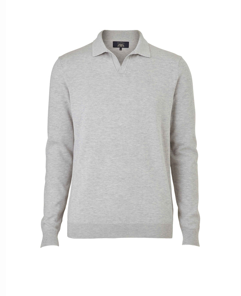 Light Grey Cotton-Blend Open Collar Knit Polo