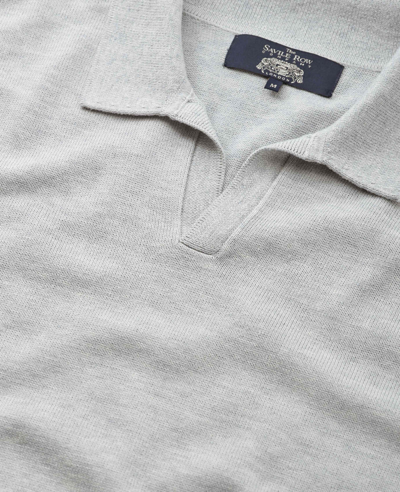 Light Grey Cotton-Blend Open Collar Knit Polo