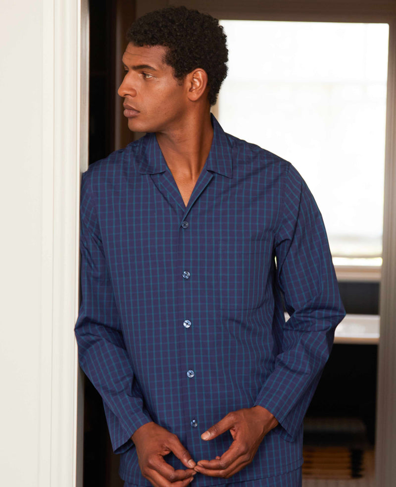 Men's blue and green check pyjamas on model