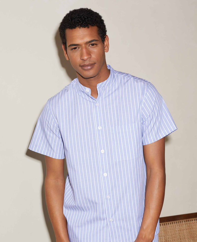 Men's blue stripe short sleeve pyjamas on model