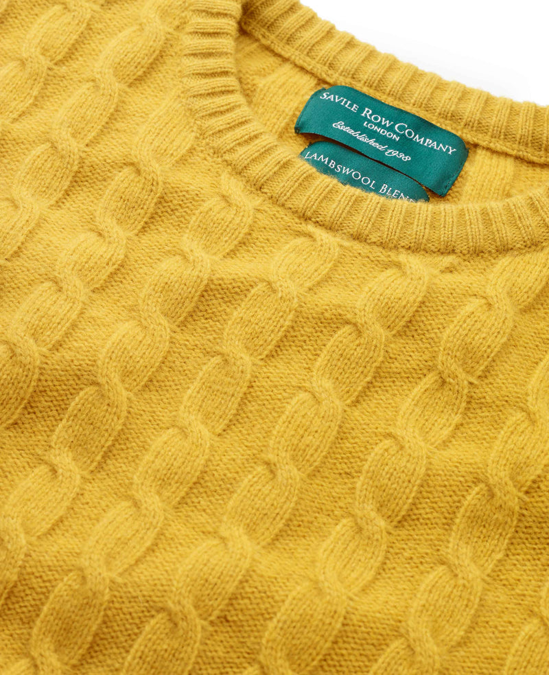 Mustard Lambswool Blend Cable Knit Jumper  - Collar Detail - MKW546MSD