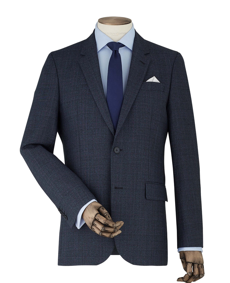 Men's Luxury Navy Check Wool-Blend Tailored Suit Jacket