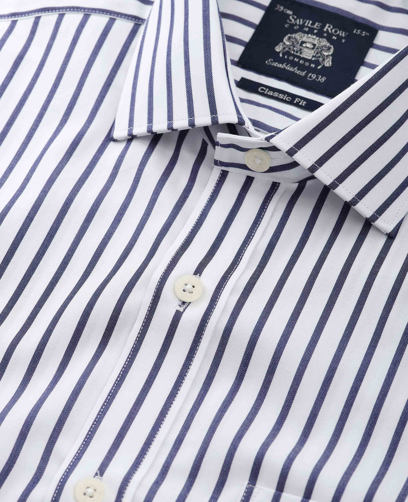 Navy Cotton Classic Fit Striped Formal Shirt - Double Cuff