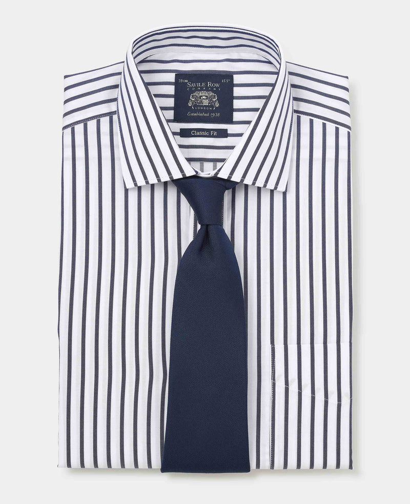 Navy Cotton Classic Fit Striped Formal Shirt - Double Cuff