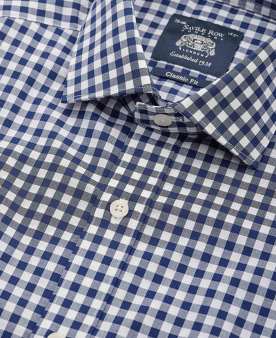 Navy Cotton Gingham Check Classic Fit Formal Shirt - Single Cuff