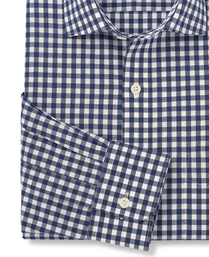 Navy Cotton Gingham Check Classic Fit Formal Shirt - Single Cuff