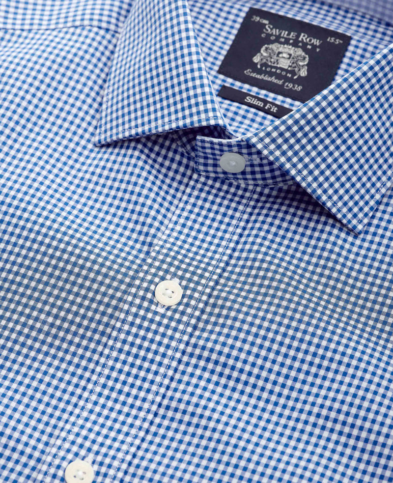 Navy Cotton Gingham Slim Fit Formal Shirt - Single Cuff