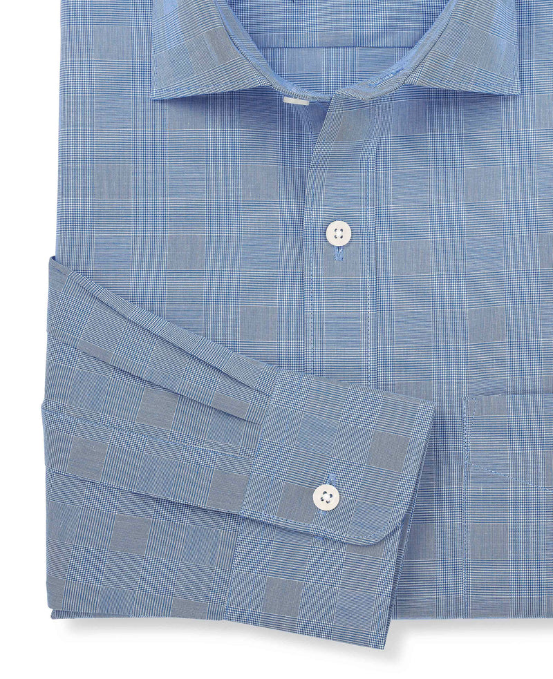 Navy Cotton Prince of Wales Check Classic Fit Formal Shirt - Single Cuff