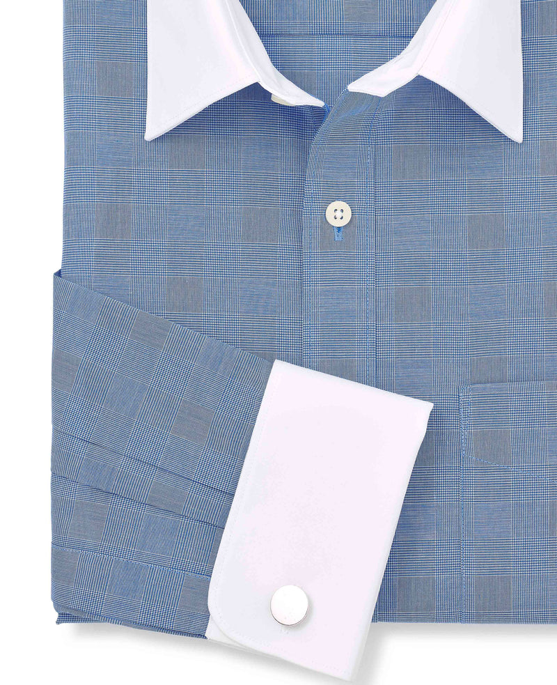 Navy Cotton Prince of Wales Check Classic Fit Winchester Formal Shirt - Double Cuff