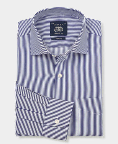 Navy Cotton Twill Classic Fit Striped Formal Shirt - Single Cuff