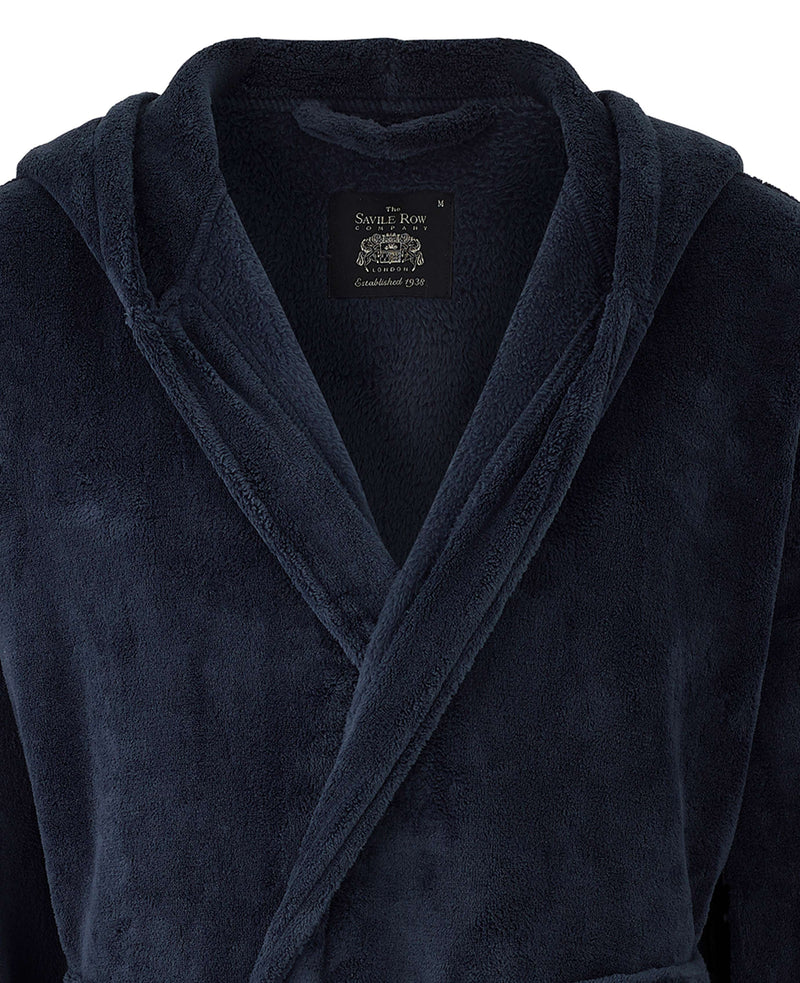 Navy Fleece Dressing Gown With Hood - Collar Detail - MDG1021NAV