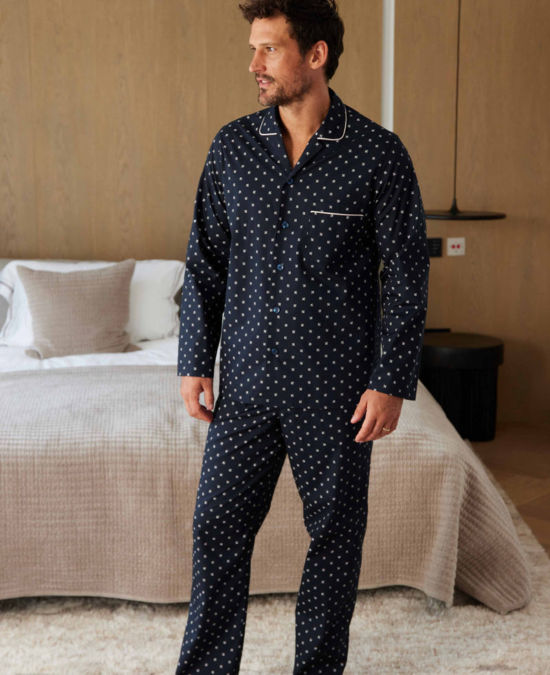 Navy Fleur-de-Lys Piped Cotton Pyjamas