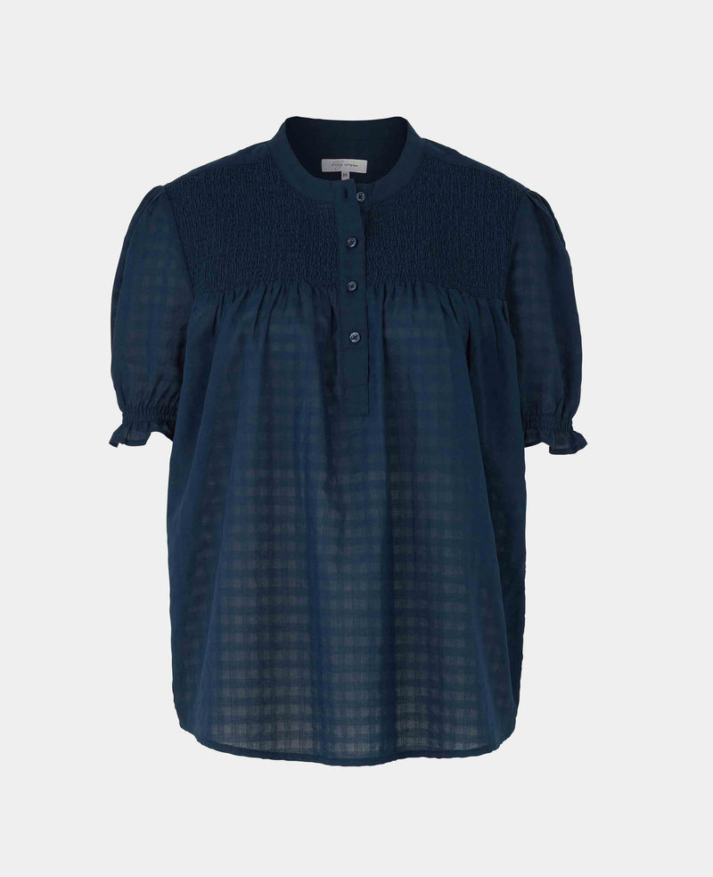 Women's Navy Gingham Check Smocked Seersucker Short Sleeve Shirt